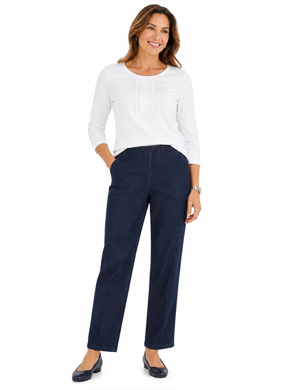 Alfred Dunner Pull On Denim Pants Elastic Waist Dark Wash Size 8